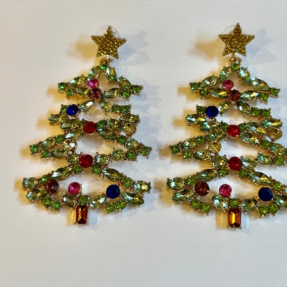 Bauble Bar Christmas Tree Earrings Statement Rhinestones and Crystals Gold 3" - Picture 7 of 8
